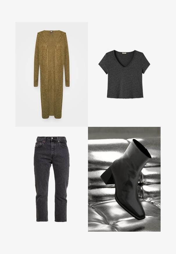 Olivenfarvet lang cardigan, åbent frontdesign, strikket tekstur, lange ærmer, længde til midt på læggene, ingen lukninger eller udsmykninger.; Mørkegrå kortærmet crop top med V-udskæring og rå kant på krave og kant.; Sorte denimjeans med lige ben, høj talje, fem lommer og metalknaplukning. Subtile teksturer og syninger.; Sorte ankelstøvler lavet af glossy materiale med firkantet tå og spidse hæle, sat mod en skinnende sølv tuftet baggrund.