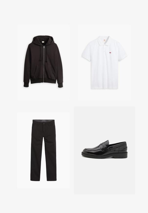 Hoodie noir zippé avec capuche à cordon de serrage, poches avant et poignets côtelés. Présente un petit logo Levi's marron sur la poitrine. Fabriqué en mélange de coton.; Polo blanc en coton. Présente une patte de boutonnage à trois boutons, des manches courtes et un petit logo rouge Levi's sur la poitrine gauche.; Pantalon en coton noir avec une texture lisse, coupe droite, fermeture éclair et deux poches avant ; style minimaliste et polyvalent.; Mocassins en cuir noir avec une finition lisse, un bout rond, un petit talon et descoutures décoratives à l'avant. Semelle en caoutchouc pour l'adhérence.