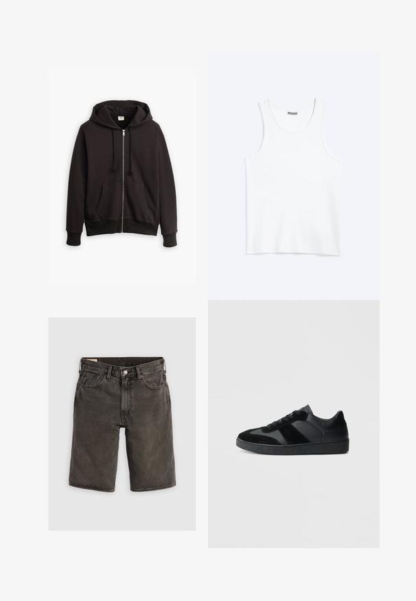 Schwarze Zip-up Hoodie mit einer Kapuze mit Kordelzug, Fronttaschen und gerippten Bündchen. Verfügt über ein kleines Levi's-Logo in Braun auf der Brust. Hergestellt aus einem Baumwoll-Mix.; Weißes ärmelloses Tanktop mit rundem Ausschnitt und Weekday-Markenetikett auf der Innenseite des hinteren Kragens, flach auf hellem Hintergrund dargestellt.; Dunkelgraue Jeansshorts mit regulärer Passform, ausgestattet mit fünf Taschen, einem Knopfverschluss und einem strukturierten Bund. Weicher Stoff, klares Design.; Schwarze Sneaker aus einer Mischung von glattem Leder und Wildleder, mit einer strukturierten schwarzen Gummisohle und dezenten Streifendetails.