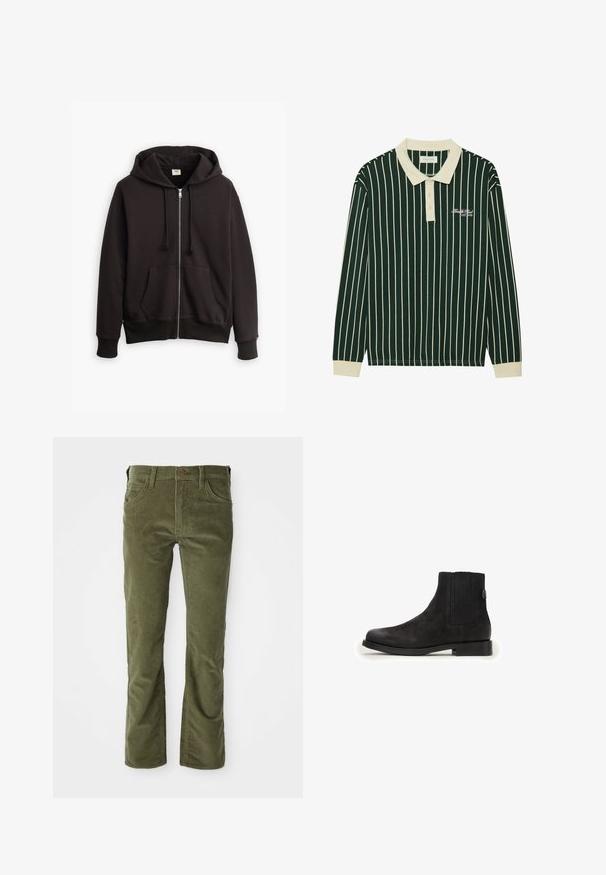 Sort zip-up hoodie med snørret hætte, frontlommer og ribbede manchetter. Har et lille Levi's-logo i brun på brystet. Lavet af bomuldsblanding.; Langærmet polo skjorte i mørkegrøn med hvide vertikale striber. Har en beige krave, tre-knaps stang og broderet logo.; Olivengrønne fløjlsbukser med forlommer, bæltestropper, knaplukning og let udvidelse ved benåbningerne.; Sorte ruskind Chelsea støvler med ribbede elastiske sidepaneler og en pull-tab, med en afrundet tå og en lav blokhælk.