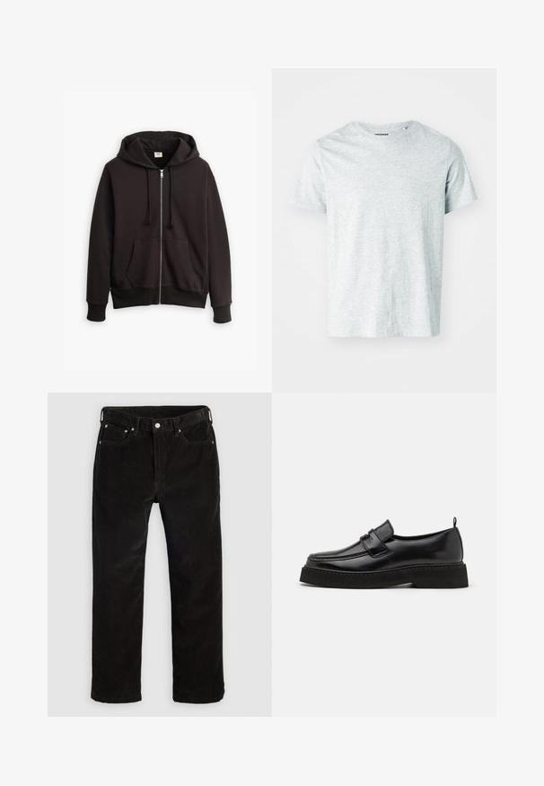 Sort zip-up hoodie med snørret hætte, frontlommer og ribbede manchetter. Har et lille Levi's-logo i brun på brystet. Lavet af bomuldsblanding.; Lys grå, kortærmet t-shirt lavet af blødt stof, med en rund hals og en let afslappet pasform. Ingen synlige mønstre eller grafik.; Sorte corduroy lige bukser med frontknap, lynlås, bæltestropper og fem-lomme design på en ensfarvet lys baggrund.; Sorte læder loafersko i stil med flad, tekstureret sål, med en syet tå og en rem over vristen.