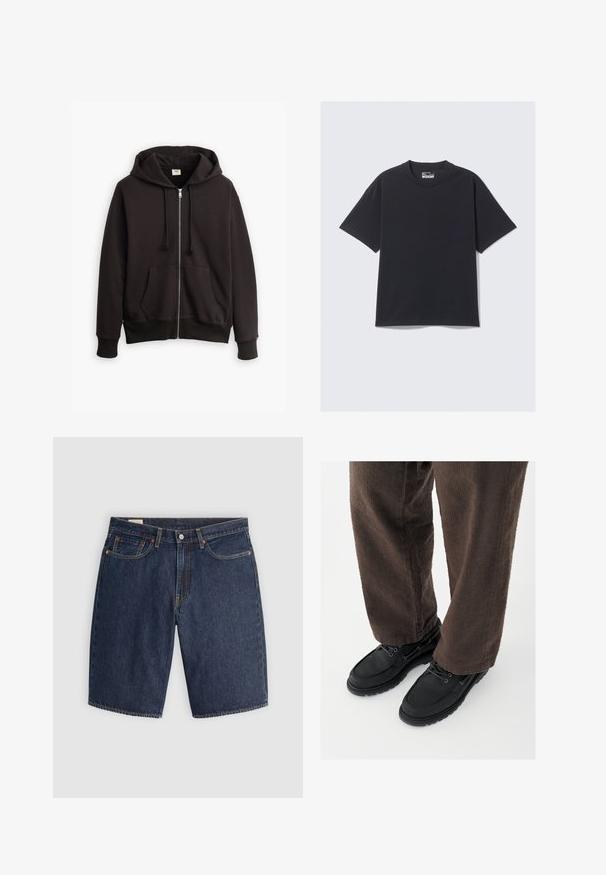Schwarze Zip-up Hoodie mit einer Kapuze mit Kordelzug, Fronttaschen und gerippten Bündchen. Verfügt über ein kleines Levi's-Logo in Braun auf der Brust. Hergestellt aus einem Baumwoll-Mix.; Schwarzes Baumwoll-T-Shirt mit klassischem Rundhalsausschnitt, kurzen Ärmeln und lockerer Passform. Glatte Textur mit minimalen Nähten.; Dunkelblaue Denim-Shorts, ausgestattet mit einem klassischen Design, fünf Taschen, gestickten Nähten, einem Knopfverschluss und geschwungenen Gesäßtaschen.; Schwarze Lederschuhe mit glatter Oberfläche, abgerundeter Spitze und Schnürdesign, kombiniert mit strukturierten braunen Hosen. Bodennahaufnahme.