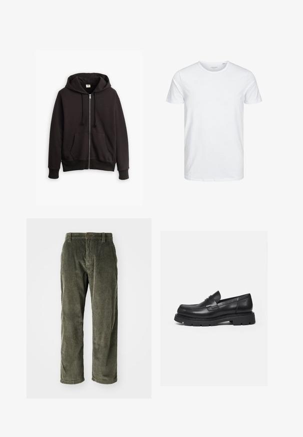 Sudadera con cremallera negra, capucha con cordón, bolsillos frontales y puños acanalados. Presenta un pequeño logotipo de Levi's en marrón en el pecho. Hecha de mezcla de algodón.; Camiseta de manga corta y cuello redondo en blanco sólido, fabricada en algodón suave, presenta un diseño simple sin patrones ni acentos visibles.; Pantalones de pana color verde oliva con acanalado vertical, que presentan un cierre de botón y un diseño de pierna recta. Textura suave con un ajuste clásico.; Mocasín negro de cuero con suela gruesa y acanalada y detalle de tira para moneda, mostrado en perfil lateral derecho sobre fondo blanco.