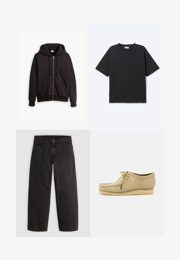 Sort zip-up hoodie med snørret hætte, frontlommer og ribbede manchetter. Har et lille Levi's-logo i brun på brystet. Lavet af bomuldsblanding.; Sort T-shirt med korte ærmer og rund hals med afslappet pasform, forfra, ensfarvet design og synligt Weekday-mærke inde i kraven.; Sorte denimjeans med lige ben, fem lommer og bæltestropper, vist fladt på en ensartet lys baggrund.; Beige suedestøvle med snørebåndsdesign, syede detaljer og gummisål. Formen er afslappet med en let hæl.