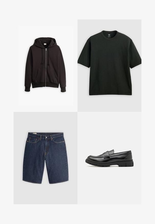 Čierna mikina na zips s kapucňou na šnúrku, prednými vreckami a rebrovanými manžetami. Na hrudi sa nachádza malé hnedé logo Levi's. Vyrobená z bavlnenej zmesi.; Čierne tričko s krátkym rukávom, kruhovým výstrihom a voľným strihom, zobrazené na svetlosivom rovnom pozadí.; Džínové šortky v tmavomodrej farbe, s klasickým dizajnom, piatimi vreckami, prešitými švami, gombíkovým zapínaním a zakrivenými zadnými vreckami.; Čierne kožené mokasíny so širokým pásikom cez priehlavok, gumová podrážka s hrubým dezénom a hladký povrch. Klasický, elegantný dizajn.