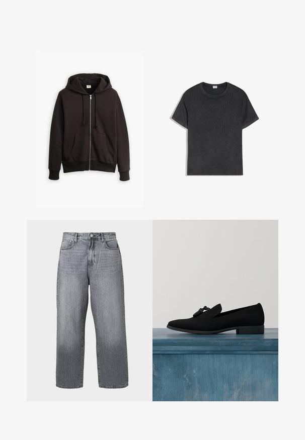 Sort zip-up hoodie med snørret hætte, frontlommer og ribbede manchetter. Har et lille Levi's-logo i brun på brystet. Lavet af bomuldsblanding.; Sort kortærmet ribstrikket bomuld T-shirt med rund hals og synlige syninger på ærmer og krave, lagt fladt på en hvid baggrund.; Grå denim bred-benede jeans med høj talje, fem-lomme design og metal lukning. Stof viser let falmning nær kanten.; Sorte loafers med en glat stofoverdel, spidse tæer og dekorative frynser. Har en lav, rund hæl og et minimalistisk design.