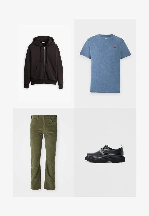 Zwarte hoodie met ritssluiting, verstelbare capuchon, voorzakken en geribde boorden. Voorzien van een klein Levi's-logo in bruin op de borst. Gemaakt van een katoenmix.; Blauw gemêleerd T-shirt met korte mouwen en ronde hals, klein rood Levi's-logo op de linkerborst.; Olijfgroene corduroy broek met voorzakken, riemlussen, knoopsluiting en een lichte flare bij de beenopeningen.; Zwarte leren loafer met stevige zool en zilveren gespsluiting aan de zijkant tegen een witte achtergrond.
