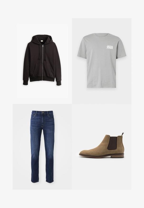 Sort zip-up hoodie med snørret hætte, frontlommer og ribbede manchetter. Har et lille Levi's-logo i brun på brystet. Lavet af bomuldsblanding.; Grå bomulds t-shirt med korte ærmer, rund halsudskæring, og et hvidt logo "JACK & JONES" trykt på venstre brystområde.; Mørkeblå denim jeans med lige pasform, der har et klassisk fem-lomme design og metal knaplukning. Subtile falmede detaljer på stoffet.; Pier One Støvletter - beige