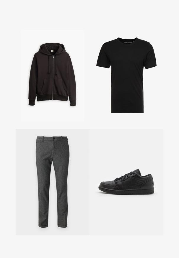 Schwarze Zip-up Hoodie mit einer Kapuze mit Kordelzug, Fronttaschen und gerippten Bündchen. Verfügt über ein kleines Levi's-Logo in Braun auf der Brust. Hergestellt aus einem Baumwoll-Mix.; Schwarzes T-Shirt mit kurzen Ärmeln aus Baumwolle, mit einem Rundhalsausschnitt und einem dezenten Logo-Tag an der Seite. Einfaches und vielseitiges Design.; Grau melierte Wollmischungshosen mit schmaler Passform, featuring flachem Front, Knopfverschluss und umgeschlagenem Saum. Zarte Textur und klassisches Design.; Schwarze Leder-Sneaker mit niedriger Schuhform, durchlöchtem Zehenbereich, flachen Schnürsenkeln, gepolstertem Kragen und strukturiertem Außensohlen. Mit einem dezenten Logo auf der Ferse.