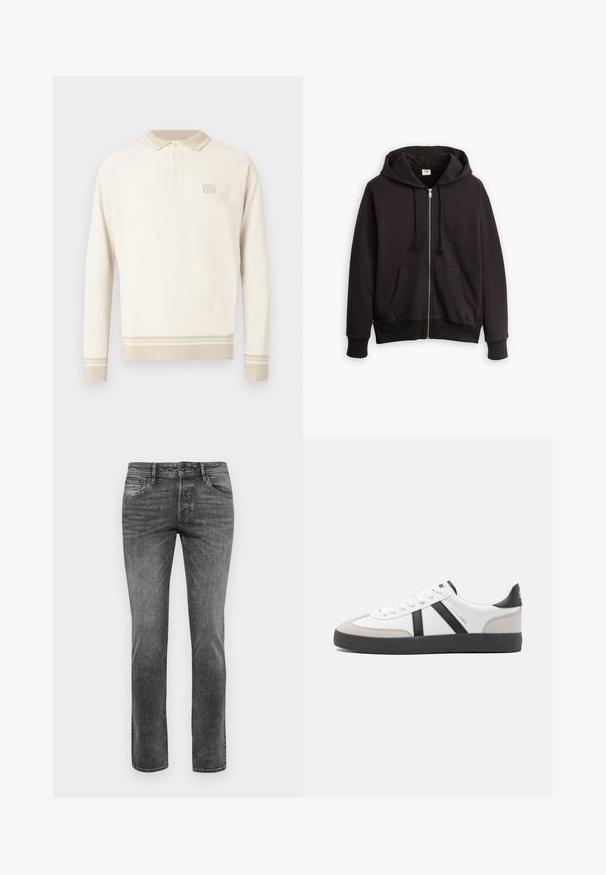 Musta vetoketjuhuppari, jossa on kiristettävä huppu, etutaskut ja ribbauskankaat. Rinnassa pieni ruskea Levi's-logo. Valmistettu puuvillasekoitteesta.; Beige pitkähihaisen poolopaidan teksturoitu neulos, napillinen kaulus ja raidat helmassa ja hihansuuissa. Rintakehällä hillitty brändäys.; Harmaat farkut suoran leikkauksen kanssa, viisi taskua ja hienovarainen haalistuminen. Varustettu klassisella nappi- ja vetoketjukiinnityksellä.; Valkoiset lenkkarit mustilla ja harmailla yksityiskohdilla, joissa on teksturoitu harmaa kärki, musta kumipohja ja litteät valkoiset nauhat. Siisti muotoilu, minimalistinen tyyli.