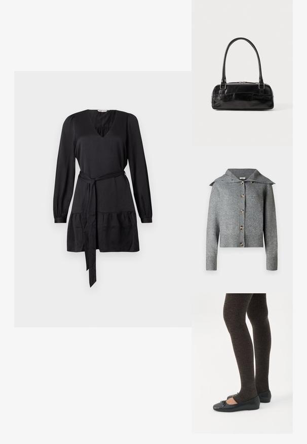 Cárdigan gris de punto con un amplio cuello, siete botones, puños y dobladillo acanalados. Fabricado con material suave y acabado texturizado.; Vestido negro con escote en V, mangas largas y cinturón anudado. Presenta un volante fruncido en el dobladillo para mayor textura. Acabado de tela suave.; Piernas con leggings oscuros acanalados combinados con bailarinas negras que presentan pequeños detalles de lazo sobre un fondo blanco.; Bolso de mano de cuero negro con forma rectangular, equipado con un asa estructurada, herrajes en plata y cierre de cremallera. Textura suave.