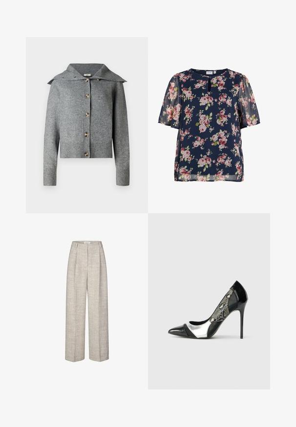 Cárdigan gris de punto con un amplio cuello, siete botones, puños y dobladillo acanalados. Fabricado con material suave y acabado texturizado.; Blusa azul marino de manga corta con estampado floral en rosa y blanco y un pequeño detalle de escote con abertura en forma de ojo de cerradura.; Pantalones de tiro alto en gris claro con una tela texturizada, piernas anchas y dos pliegues frontales. Con cierre de botón en la parte delantera y presillas para cinturón.; Zapato de tacón alto en negro y plata con punta afilada, que presenta un panel lateral de malla con un patrón de piel de serpiente y un elegante tacón de aguja.