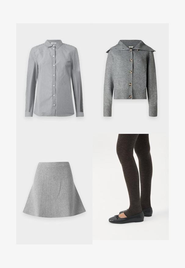 Grå strikket cardigan med bred krave, syv knapper, ribbede manchetter og kant. Fremstillet af blødt materiale med en tekstureret overflade.; Stribet button-up skjorte i sort og hvid bomuldsstof. Har en klassisk krave og lange ærmer med knapmanchetter.; Grå, strikket sømdnederdel med en tekstureret finish. Har en taljeing og en glat silhuet, der smalner ind mod kanten.; Ben iført mørke ribbede leggings kombineret med sorte balletsko med små sløjfedetaljer på hvid baggrund.