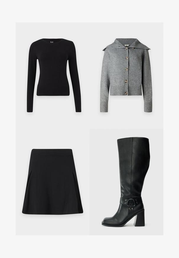 Grå strikket cardigan med bred krave, syv knapper, ribbede manchetter og kant. Fremstillet af blødt materiale med en tekstureret overflade.; Sort langærmet tætsiddende t-shirt med rund hals og lige kant, vist på en hvid baggrund.; Sort A-formet nederdel med lette læg i siderne, flad linning og glat stofftekstur.; Knæhøje sorte læderstøvler med firkantet tå, bred hæl og en dekorativ rem med metalaccenter omkring anklen. Glat tekstur.