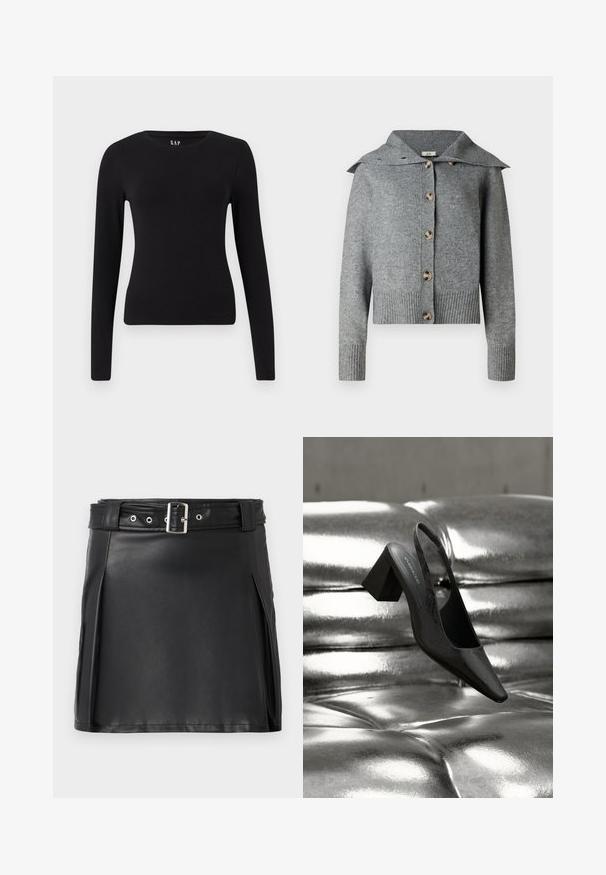 Grå strikket cardigan med bred krave, syv knapper, ribbede manchetter og kant. Fremstillet af blødt materiale med en tekstureret overflade.; Sort langærmet tætsiddende t-shirt med rund hals og lige kant, vist på en hvid baggrund.; Sort faux læder mini nederdel med en tætsiddende pasform, sidesyninger og et bælte med en sølvfarvet spænde og øjne. Glat tekstur, høj talje.; Sort slingback-hæl med spids tå, der har en tekstureret overflade og en chunky blokhæl. Lagt mod en skinnende, metallisk baggrund.