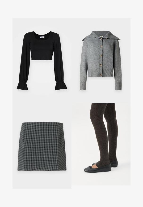 Grijze gebreide cardigan met een brede kraag, zeven knopen, geribbelde manchetten en zoom. Gemaakt van zacht materiaal met een textuurafwerking.; Zwart cropped top met een vierkante halslijn, lange poffende mouwen en geplooide manchetten. Gemaakt van zachte stof met een gladde textuur.; Zwart-wit geblokte rok gemaakt van stof met een gladde textuur. Heeft een rechte silhouette en een ritssluiting aan de zijkant.; Benen met donkere geribbelde leggings gecombineerd met zwarte ballerina's met kleine strikdetails op een witte achtergrond.