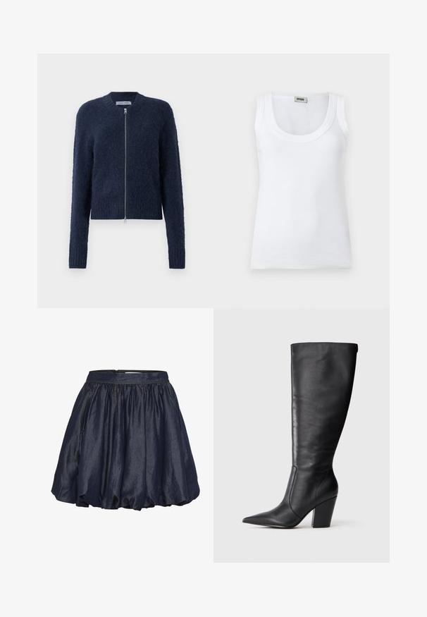 Mørkeblå håret zip-up cardigan med lange ærmer og ribbede manchetter, præsenteret på en hvid baggrund.; Hvid ribbet ærmeløs tanktop med rund halsudskæring og mærkelabel ved kraven bagpå, vist på en ensfarvet hvid baggrund.; Marineblå satin skirt med elastisk talje, rynkede plisseringer og en let udvidet design. Blød tekstur med en glat glans.; Sort læderknehøj støvle med spids tå og kraftig høj hæl, vist i venstre sideprofil på hvid baggrund.