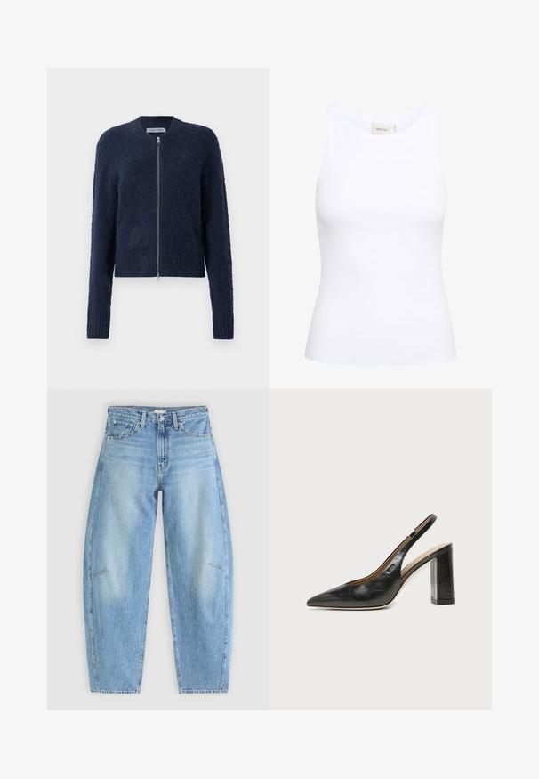 Mørkeblå håret zip-up cardigan med lange ærmer og ribbede manchetter, præsenteret på en hvid baggrund.; Hvid ribbet tanktop med rund halsudskæring og uden ærmer. Strækbart stof og tætsiddende design. Etiketten bagpå viser "GESTUZ."; Lyseblå denimjeans med en afslappet pasform, der har høj talje, lige ben og diskrete syninger på frontlommen.; Sort læder peep-toe slingback sko med høj blokhæl og beige indvendig foring mod en ensfarvet lys baggrund.