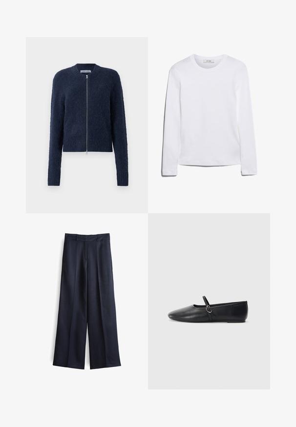 Marineblauwe fuzzy zip-up cardigan met lange mouwen en geribde manchetten, weergegeven op een witte achtergrond.; Wit T-shirt met lange mouwen, gemaakt van ribgebreide katoen, met een ronde halslijn en een rechte zoom. Eenvoudig ontwerp zonder patronen of accenten.; Wijd uitlopende broek in donker marineblauwe stof met een soepele textuur, voorzien van een voornaad, riemlussen en een op maat gemaakte tailleband.; Zwarte leren balletschoenen met een spitse neus, platte zool en een kleine strap met een zilveren gespsluiting.