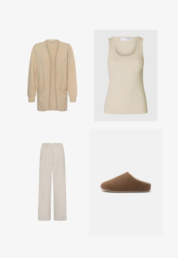 Long cardigan beige ouvert devant, manches longues, deux poches à l'avant, avec poignets et ourlet côtelés, présenté sur fond blanc.; Débardeur beige à côtes avec un décolleté arrondi et des bretelles larges. Fabriqué en tissu doux, il présente une silhouette ajustée.; Pantalon large beige clair à taille haute, avec deux plis à l'avant, passants pour ceinture et texture lisse.; Mule marron en daim avec une doublure intérieure douce en peau de mouton et une semelle plate, conçue pour le confort à l'intérieur.