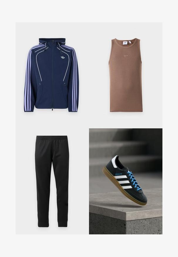 Tmavomodrá mikina s kapucňou na zips s levanduľovým detailom troch prúžkov na rukávoch, bielym lemovaním, prednými vreckami na zips a logom Adidas na hrudi.; Hnedý bezrukávový tielko s rebrovanou textúrou a okrúhlym výstrihom. Obsahuje malé vyšívané logo umiestnené na hrudi.; Čierne športové nohavice vyrobené z hladkej tkaniny, vybavené elastickým pásom, zúženými nohavicami a rebrovanými manžetami na členkoch.; Čierna teniska Adidas s bielymi pruhmi, modrými šnúrkami a gumovou podrážkou, ktorá sa vznáša nad sivým betónovým schodom v mäkkom svetle.