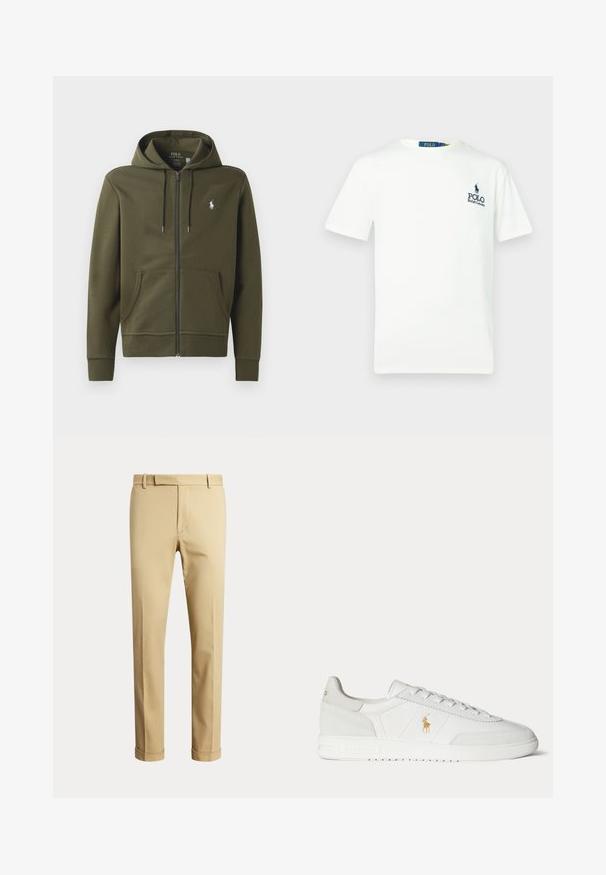Sudadera con cremallera en verde oliva, hecha de algodón suave, con un bolsillo tipo canguro, capucha con cordón y un pequeño logo blanco en el lado izquierdo del pecho.; Camiseta blanca de algodón con cuello redondo, mangas cortas, y un logo azul de "POLO Ralph Lauren" en el lado izquierdo del pecho.; Pantalones beige de hombre a medida con trabillas para cinturón y dobladillos vueltos, mostrados sobre un fondo claro liso.; Zapatilla blanca de caña baja con diseño de cordones, logo dorado de Polo Ralph Lauren en el lateral y suela texturizada sobre un fondo liso.