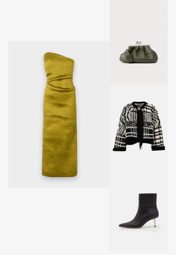 Sort og hvid strikket cropped cardigan med geometriske mønstre, frynse detaljer foran og en rund grøn knap som accent.; Stropfri, tætsiddende kjole i sennepsgul med et glat, let tekstureret stof. Har diskrete draperinger for formdefinition.; Sorte læder ankelstøvler med spids tå og en tynd metallisk hæl. Glat tekstur med klare linjer og minimalistiske designfunktioner.; Olivengrøn læderclutch med ruchet design, sølvmetalramme og dobbelt kugle-lukning. Har en glat tekstur og en bred rem.