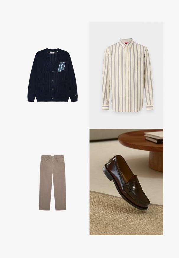 Dunkel marineblauer gestrickter Cardigan mit Knöpfen vorne, zwei Taschen, einem großen blau-weißen "P" auf der Brust und kleinem weißen Schriftzug am Ärmel.; Langarm-Hemd zum Knöpfen mit vertikalen Streifen in Beige, Weiß und Hellgelb sowie einer einzelnen Brusttasche vor einfarbigem Hintergrund.; Braune gerade geschnittene Jeans mit fünf Taschen, metallischen Beschlägen und einer glatten Textur. Der Stoff hat ein dezentes, gleichmäßiges Muster.; Braune Leder-Lederschuhe mit glänzender Oberfläche, die eine gestickte Detail entlang der Vorderseite und eine niedrigprofilierte schwarze Gummisohle aufweisen.
