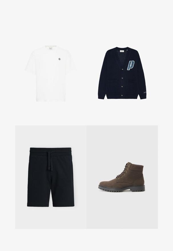 Mørk marineblå strikket cardigan med knapper foran, to lommer, et stort blåt og hvidt "P" på brystet og lille hvid skrift på ærmet.; Hvid kortærmet t-shirt med rund halsudskæring og et lille gråt geometrisk logo på venstre bryst. Lavet af blødt bomuldsmateriale.; Sorte teksturerede strikkede shorts med elastisk talje og snøre, med sidelommer, vist fladt på hvid baggrund.; Brune ruskind ankelstøvler med afrundet tå, snørebånd fortil, metaløjer og en robust sort gummisål med riller.