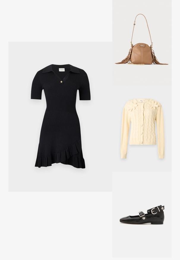 Cardigan crème en maille torsadée avec manches longues, boutons recouverts et deux grandes appliques florales tricotées sur la poitrine.; Robe noire côtelée à manches courtes avec col, patte de boutonnage simple, taille cintrée et ourlet asymétrique à volants.; Ballerine en cuir verni noir avec un bout carré, sangle de cheville avec des détails en métal argenté et semelle plate. Texture lisse avec un design minimaliste.; Petit sac à bandoulière en cuir fauve avec longue bandoulière, détail chaîne dorée et franges des deux côtés sur un fond neutre.