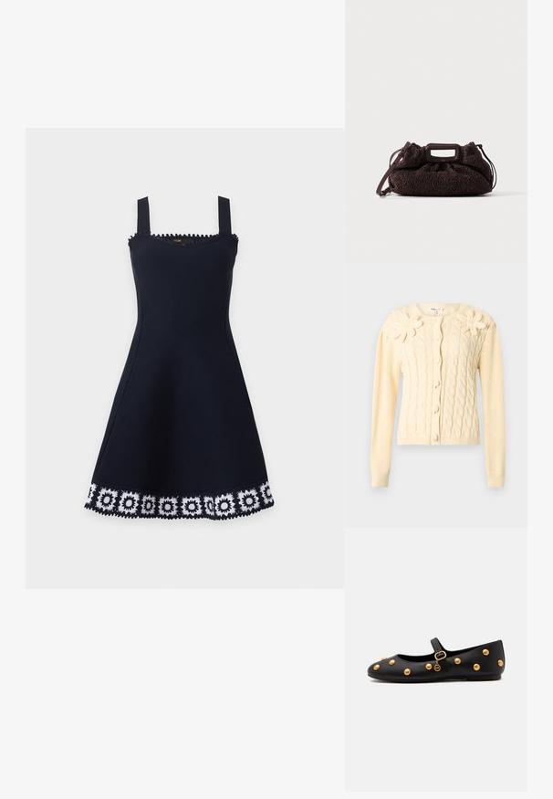 Cardigan crème en maille torsadée avec manches longues, boutons recouverts et deux grandes appliques florales tricotées sur la poitrine.; Robe noire sans manches avec encolure carrée et bordure florale en crochet blanc le long de l'ourlet sur un fond clair uni.; Chaussure plate Mary Jane noire avec des clous ronds dorés, une bride à boucle dorée et un petit charme doré suspendu à la bride.; Sac à main marron foncé texturé avec poignée ajourée rectangulaire et bandoulière amovible sur fond clair uni.