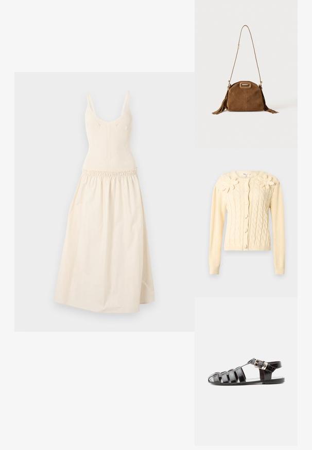 Cardigan crème en maille torsadée avec manches longues, boutons recouverts et deux grandes appliques florales tricotées sur la poitrine.; Robe en tricot crème avec des bretelles ajustables, corsage ajusté et taille froncée menant à une jupe évasée. Texture lisse, design minimaliste.; Sandale de pêcheur en cuir noir avec bout ouvert, multiples brides et fermeture à boucle dorée sur une semelle plate, vue de profil.; Sac à épaule en daim marron avec une longue bandoulière, une découpe rectangulaire de la poignée et des détails à pompons sur les côtés sur fond blanc.