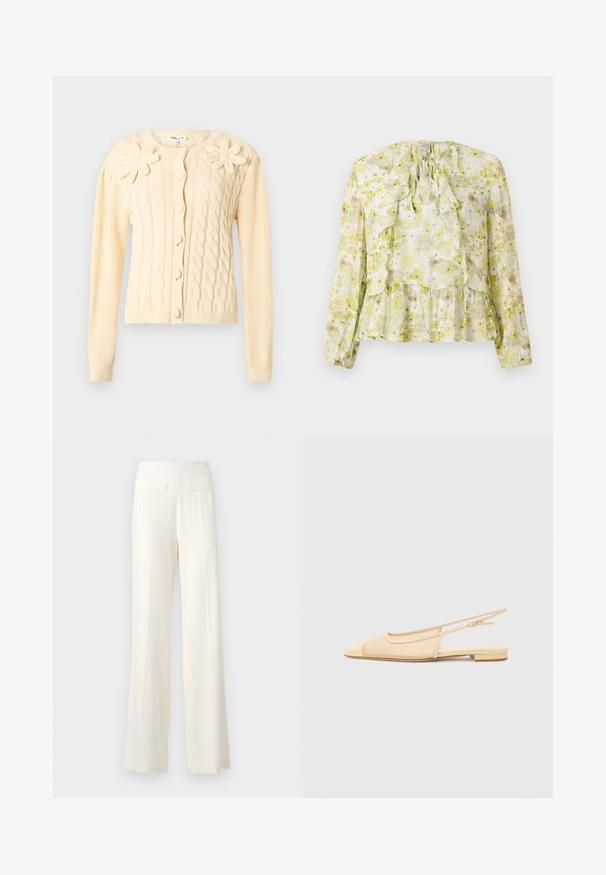 Cardigan crème en maille torsadée avec manches longues, boutons recouverts et deux grandes appliques florales tricotées sur la poitrine.; Blouse florale en vert clair et crème, dotée de panneaux volantés, de manches longues, d'un col à nouer et d'un ourlet en cascades avec une texture transparente.; Pantalons larges en ivoire avec un tissu texturé, présentant de subtils rayures verticales et deux poches arrière.; Chaussure plate slingback en beige clair avec une tige en maille, un bout pointu et un petit talon. Dotée d'une sangle ajustable pour un bon maintien.