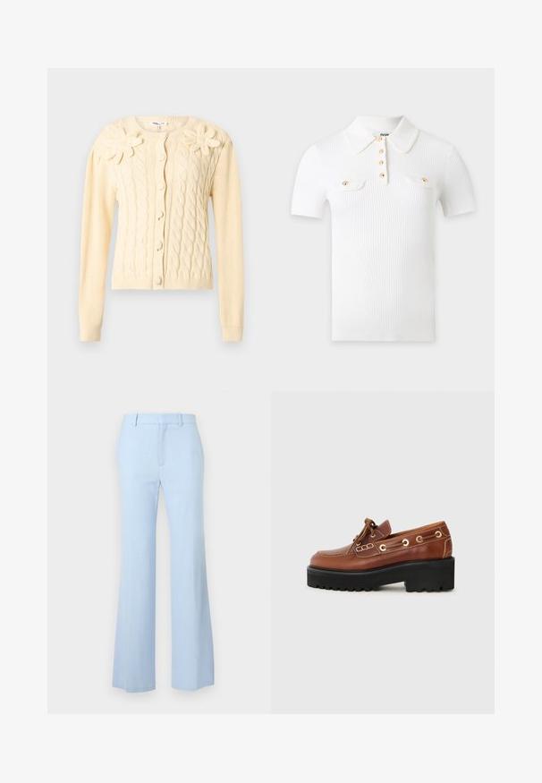 Flødefarvet kabelstrikket cardigan med lange ærmer, dækkede knapper og to store strikkede blomsterapplikationer på brystet.; Hvid rippet kortærmet poloshirt med spids krave, fire forgyldte knapper foran og to brystlommer med guldbelagte knapklapper.; Lyseblå højtaljede bukser med sømlige ben, bæltestropper og skjult for-åbning på en ensfarvet baggrund.; Brun lædersko med rund tå, dekorativ syning, metalhardware og en tyk sort sål med et struktureret greb.