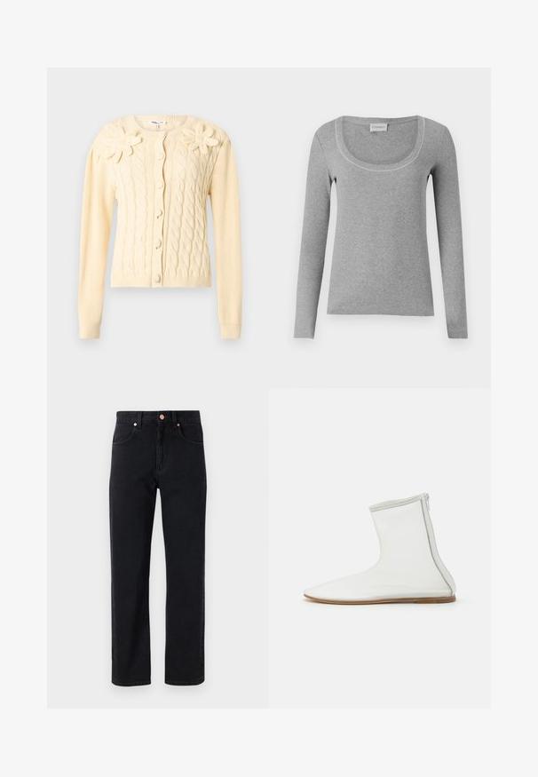 Flødefarvet kabelstrikket cardigan med lange ærmer, dækkede knapper og to store strikkede blomsterapplikationer på brystet.; CLOSED FLAT LOCK LONG SLEEVE - Langærmet T-shirt - light grey; Sorte denim jeans med lige ben, fem-lomme design, kobberknap detaljer og minimal syning synlig.; DEAR FRANCES BALLA BOOTIE - Støvletter - white