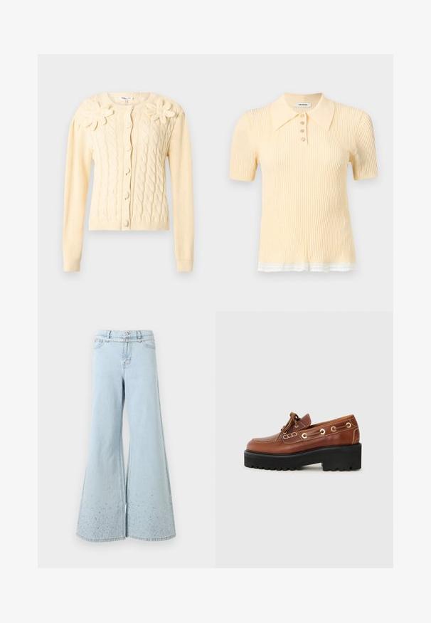 Flødefarvet kabelstrikket cardigan med lange ærmer, dækkede knapper og to store strikkede blomsterapplikationer på brystet.; Kortærmet ribstrikket poloshirt i lys gul med fire knapper og hvid blondekant nederst.; Lyseblå jeans med høj talje og vide ben, med spredte små rhinsten ved sømkanten.; Brun lædersko med rund tå, dekorativ syning, metalhardware og en tyk sort sål med et struktureret greb.