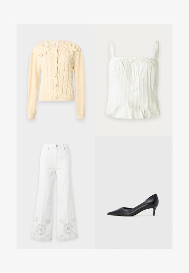 Cardigan crème en maille torsadée avec manches longues, boutons recouverts et deux grandes appliques florales tricotées sur la poitrine.; Haut blanc sans manches avec bretelles fines, présentant une texture plissée et des accents en dentelle le long de l'encolure. Tissu en coton léger.; Jean blanc taille haute à jambes larges avec broderie florale en œillet et ourlets festonnés.; Escarpin en cuir noir avec un bout pointu et un talon bas. Présente une texture lisse et un éclat subtil. Découpe ouverte à l'avant pour un détail supplémentaire.
