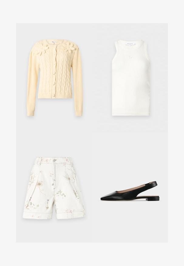 Cardigan crème en maille torsadée avec manches longues, boutons recouverts et deux grandes appliques florales tricotées sur la poitrine.; Haut sans manches blanc à côtes avec encolure ronde et petit détail brodé d'un renard sous le col, étiqueté Maison Kitsuné.; Shorts blancs avec imprimé floral en rose et bleu. Fabriqués en coton, dotés de poches latérales et d'une fermeture par bouton. Motif texturé sur l'ensemble.; Chaussure plate en cuir noir avec bride arrière, bout pointu et petit talon carré sur fond blanc.