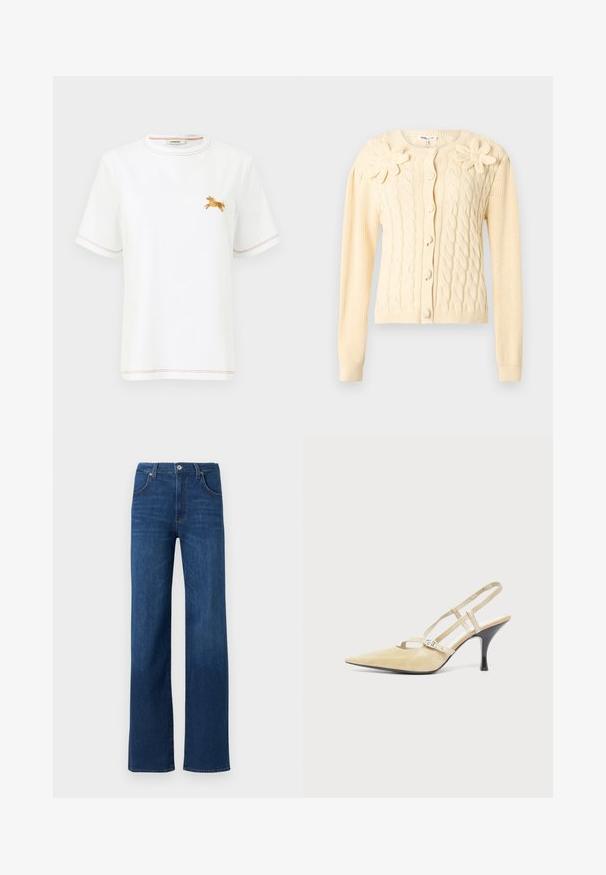 Cardigan crème en maille torsadée avec manches longues, boutons recouverts et deux grandes appliques florales tricotées sur la poitrine.; T-shirt blanc à manches courtes avec coutures orange et petit cheval brodé orange sur le côté gauche de la poitrine, col rond.; Jeans en denim bleu avec une coupe droite, un design classique à cinq poches et une fermeture par bouton métallique à la taille.; Escarpin slingback beige à bout pointu avec fines brides et boucle argentée sur un talon aiguille noir de hauteur moyenne sur fond blanc.