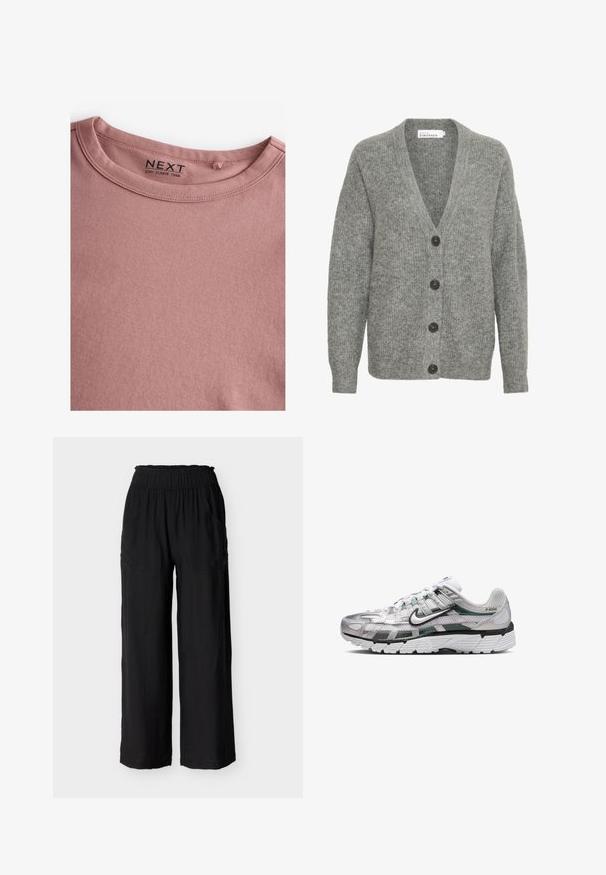 Cárdigan de punto gris con escote en V, cinco botones grandes en la parte delantera y puños de canalé. Fabricado con una tela suave y texturizada.; Camiseta de manga larga en color rosa polvoriento, hecha de algodón suave, con un sencillo cuello redondo y una textura lisa. La etiqueta dice "NEXT."; Pantalones negros de pierna ancha con cintura elástica y bolsillos laterales. Textura suave y ajuste relajado. Dobladillo plano y sin patrones ni adornos adicionales.; Zapatilla Nike P-6000 blanca y plateada con logo Swoosh negro y superposiciones de malla y sintéticas en capas, vista de lado.