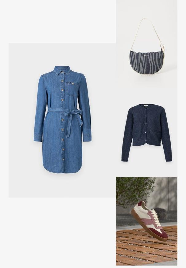 Cardigan corto azul marino con tela texturizada, cuello redondo, cierre con cinco botones y dos bolsillos delanteros. Puños lisos tejidos.; Vestido de camisa de denim con mangas largas, botones en el frente, bolsillo en el pecho y cinturón atado en la cintura en un lavado azul medio.; Zapatilla de cuero blanca con acentos de ante burdeos y rosa, con suela texturizada y diseño clásico de cordones, elevada sobre una superficie de madera.; Bolso de denim con forma curvada, con un patrón de rayas de cebra en azul marino y azul claro, asa blanca y el logotipo de la marca exhibido de forma prominente.