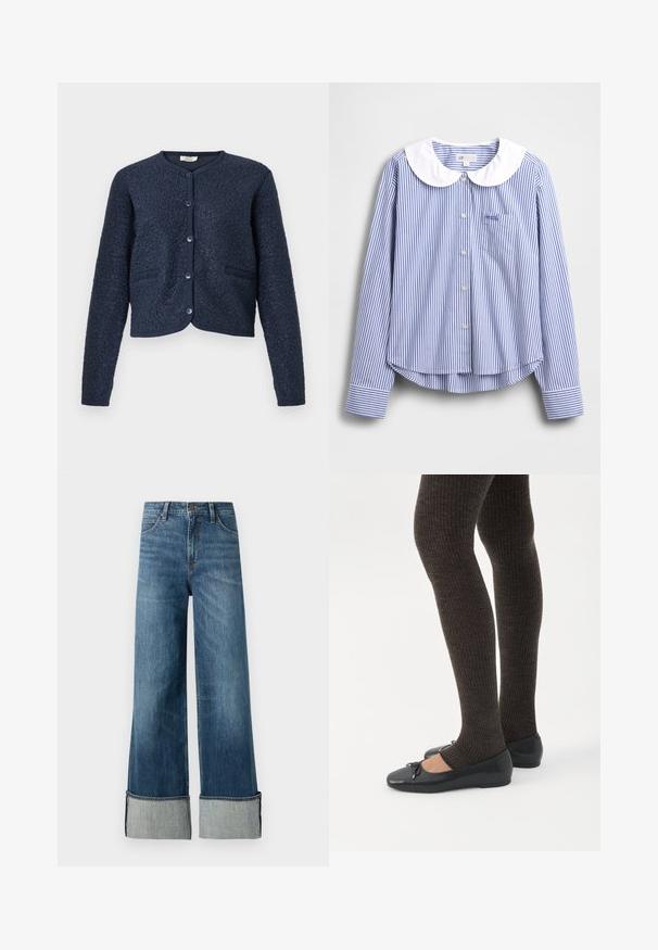 Marineblauw cropped vest met gestructureerde stof, ronde hals, sluiting met vijf knopen en twee voorzakken. Gladde, gebreide manchetten.; Blauw-wit gestreept shirt met lange mouwen, een witte Peter Pan-kraag, knoopsluiting en een klein borstzakje. Zachte katoenen stof.; Lee STELLA - Wide leg - richter; Benen met donkere geribbelde leggings gecombineerd met zwarte ballerina's met kleine strikdetails op een witte achtergrond.