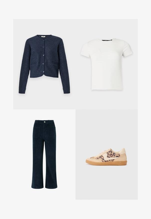 Mørkeblå cropped cardigan med tekstureret stof, rund hals, lukning med fem knapper og to frontlommer. Glatte, strikkede manchetter.; Hvid kortærmet ribstrikket t-shirt med rund halsudskæring, vist på en ensartet lys grå baggrund.; Mørkeblå fløjlbukser med høj talje, bred benåbning, to baglommer og knappelukning foran. Blød tekstur med en glat overflade.; Leopardprint sneakers med beige ruskindsoverdel, tan gummisål og hvide detaljer. Rund pegefinger og snørebåndsdesign med en tekstureret finish.
