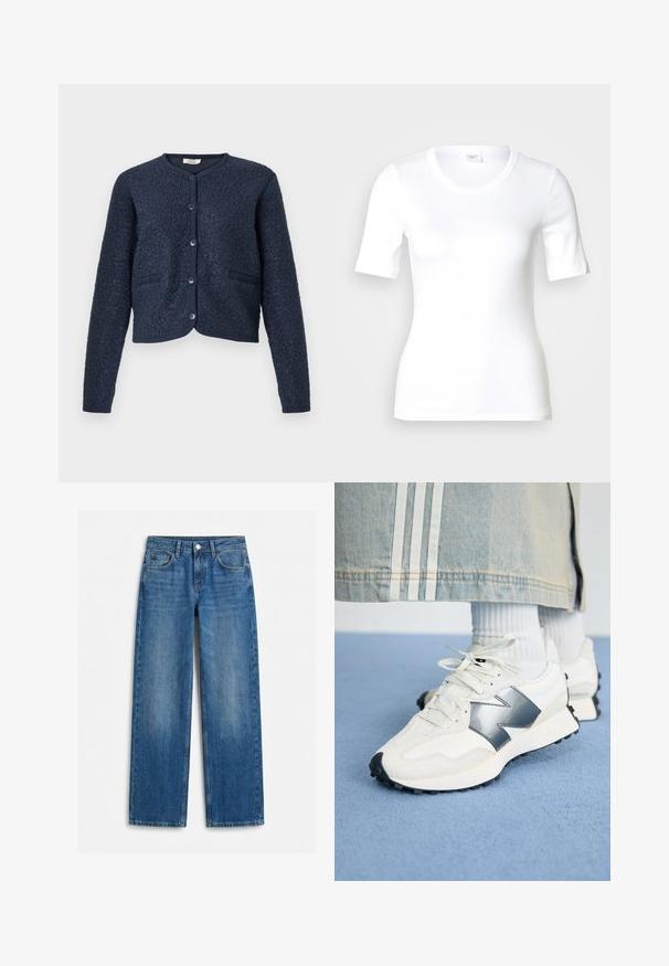 Mørkeblå cropped cardigan med tekstureret stof, rund hals, lukning med fem knapper og to frontlommer. Glatte, strikkede manchetter.; Hvid T-shirt med korte ærmer lavet af glat bomuld, med rund halsudskæring og en tætsiddende pasform. Klassisk design uden mønstre eller detaljer.; Blå jeans med lige ben, forlommer, bæltestropper og knaplukning, vist fladt på hvid baggrund.; Hvide sportsko med sølvdetaljer, tekstureret stof og glat læder; med en sort gummisål og snørebånd.