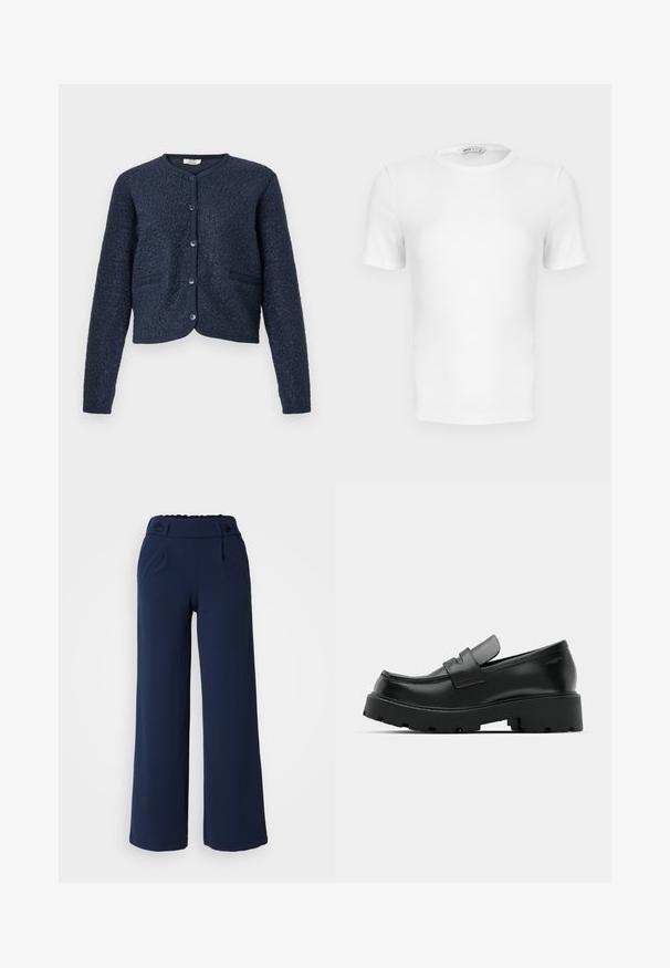 Marineblauw cropped vest met gestructureerde stof, ronde hals, sluiting met vijf knopen en twee voorzakken. Gladde, gebreide manchetten.; Witte korte mouwen geribde T-shirt met een ronde hals, een aangesloten pasvorm en een klein merklabel aan de binnenkant van de kraag.; Navy wijde pijpenbroeken van zachte stof; met platte voorkant, twee zijzakken en dubbele knoopsluiting in de taille.; Zwarte leren instappers met een chunky, gestructureerde zool, voorzien van een band over de voet en een gladde, gepolijste afwerking.