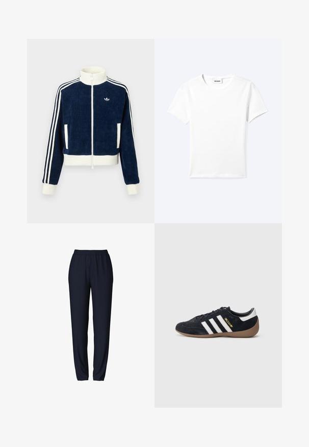 Chaqueta de pana azul marino con cierre y cuello y puños de canalé blancos. Tres rayas blancas en las mangas y pequeño logo en el pecho. Dos bolsillos frontales.; Camiseta blanca lisa de manga corta con cuello redondo y una pequeña etiqueta "WEEKDAY" dentro del cuello, mostrada extendida sobre un fondo claro.; Pantalones de chándal azul marino con cinturilla elástica, diseño de pierna ajustada y textura suave. Adecuados para uso casual o deportivo.; Zapatilla de ante negra con tres rayas blancas, suela de goma y un pequeño logo dorado en el lateral. Cuenta con un forro interior negro liso.