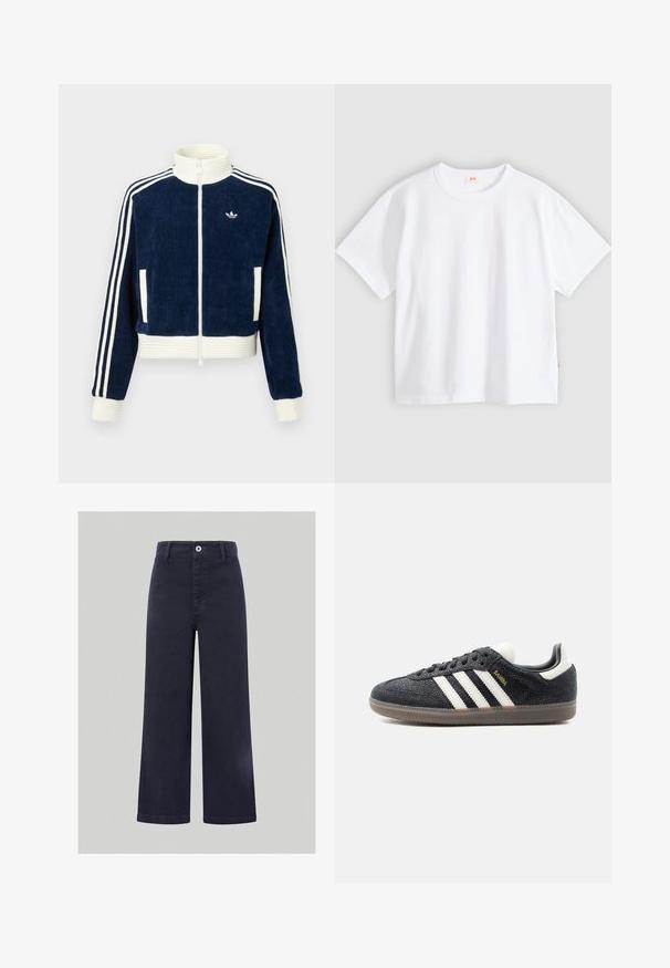 Marineblauwe corduroy ritsjack met witte geribde kraag en manchetten. Drie witte strepen op de mouwen en een klein logo op de borst. Twee voorzakken.; Wit katoenen t-shirt met korte mouwen, ronde hals, losse pasvorm, gladde textuur en een klein logolabel aan de linker zijnnaad.; Lange marineblauwe broek van een soepele katoenmix, met een sluiting met knoop aan de voorkant en gestikte details langs de tailleband en zakken.; Zwarte Adidas Samba sneaker met witte strepen, gumzool en gouden "Samba" tekst aan de zijkant, gezien van links op een effen achtergrond.