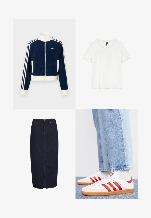 Marineblaues Cord-Jacke mit Reißverschluss, weißem Rippkragen und -bündchen. Drei weiße Streifen an den Ärmeln und kleines Logo auf der Brust. Zwei Vordertaschen.; Weißes T-Shirt mit kurzen Ärmeln und rundem Ausschnitt, hergestellt aus leichtem Stoff. Schlichtes Design, glatte Textur und gerader Saum.; Dunkelblaue Jeansmaxikleid mit einem Frontschlitz. Mit orangefarbener Ziernaht und klassischem Fünf-Taschen-Design. Knopfverschluss an der Taille.; Weiße Leder Sneaker mit roten Streifen und Akzenten. Verfügt über eine strukturierte Gummi-Laufsohle und einen gepolsterten Schaft. Tragen mit hellblauer Jeans.