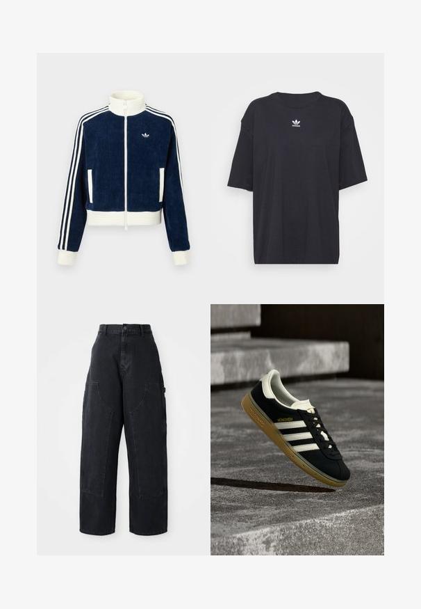 Mørkeblå kordfløjls lynlåsjakke med hvid ribbet krave og manchetter. Tre hvide striber på ærmerne og lille logo på brystet. To frontlommer.; Sort bomulds t-shirt med korte ærmer, rund halsudskæring, med et hvidt Adidas-logo på brystet. Enkel design, afslappet pasform.; Sorte denim cargo bukser med vidde og høj talje, to store forlommer og knaplukning i taljen. Glat tekstur, casual design.; Sort Adidas München-sneaker med hvide striber og gummisål svævende over ribbet betontrappe.