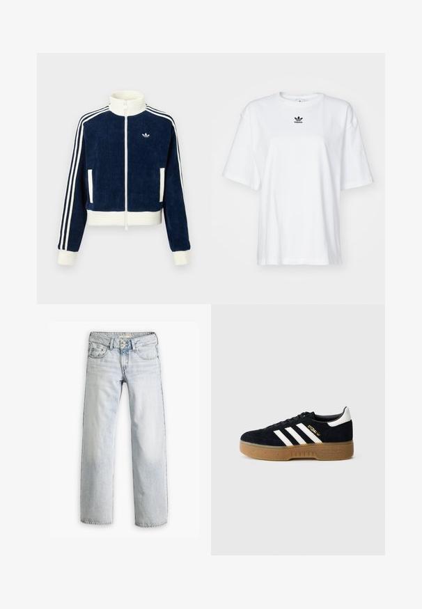 Marineblauwe corduroy ritsjack met witte geribde kraag en manchetten. Drie witte strepen op de mouwen en een klein logo op de borst. Twee voorzakken.; Witte korte mouwen t-shirt van katoen. Voorzien van een ronde hals en een klein zwart Adidas-logo op de borst. Rechthoekige zoom.; Lichtblauwe denim jeans met een ontspannen pasvorm, hoge taille en vijf-pocket ontwerp. Bevat stikaccenten en een knopenfly-sluiting.; Zwarte suède sneaker met witte drie strepen en gouden merktekens. Gele zool met gestructureerde grip. Klassiek laag model, afgeronde neus.